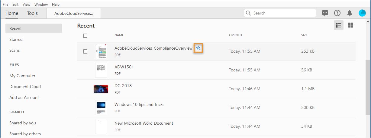 Contrassegnare con una stella un file da Recenti