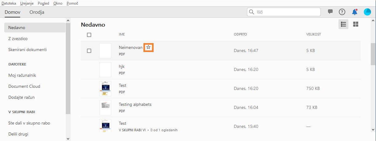 Označevanje datoteke z zvezdico na zavihku Nedavno