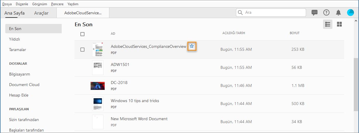 Son Kullanılanlar'daki bir dosyayı yıldızla işaretleme