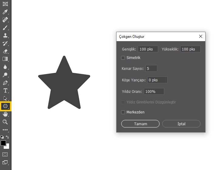 Çokgen aracıyla yıldız şekli oluşturma