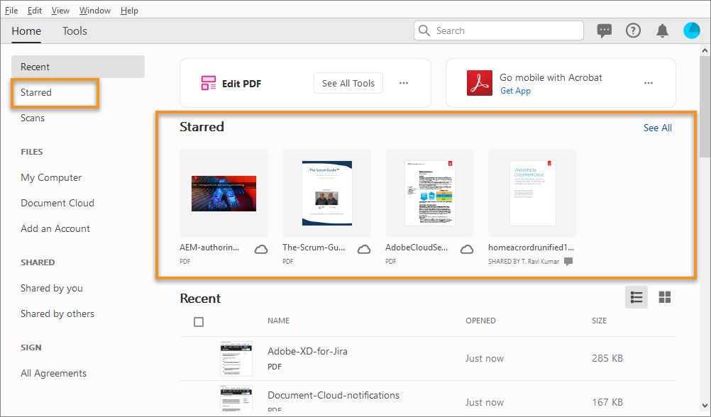 علامة التبويب Starred في طريقة العرض Home