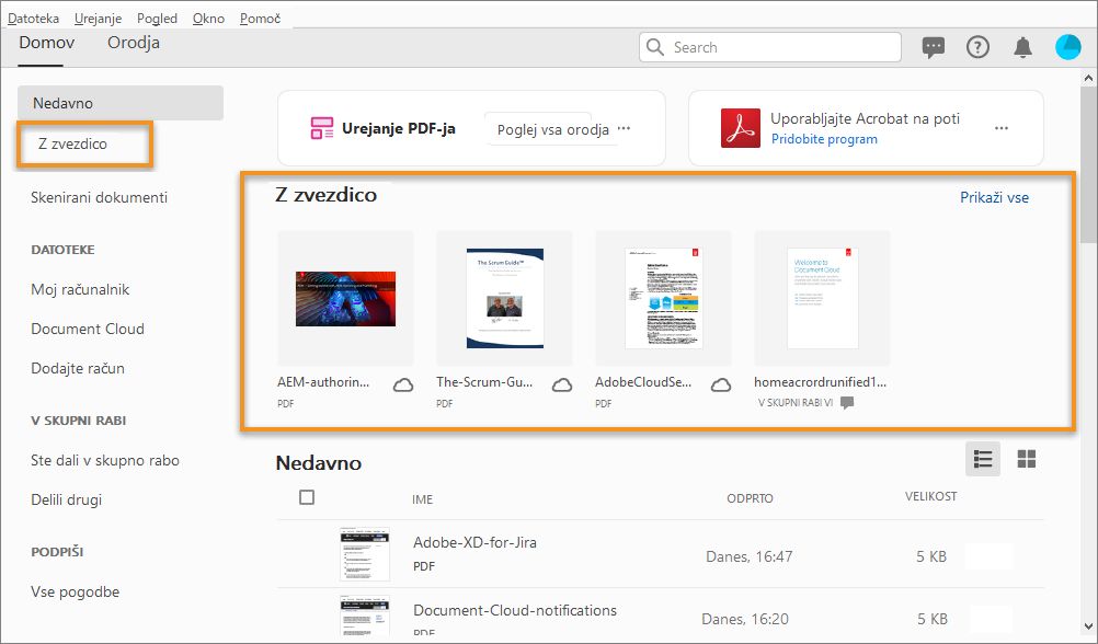 Zavihek Z zvezdico v pogledu Domov