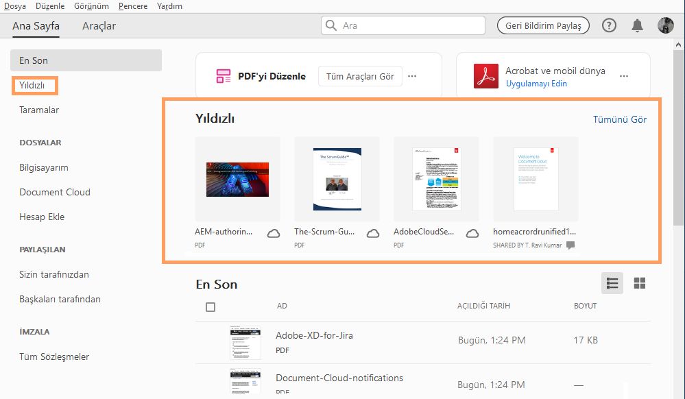 Giriş görünümünde Yıldızlı sekmesi