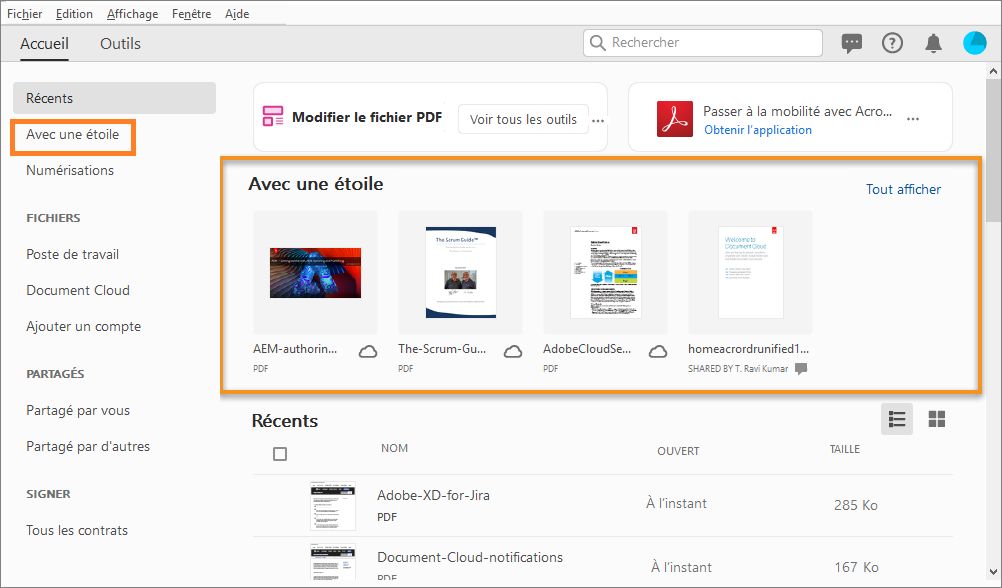 Onglet marqué d’une étoile dans la vue d’accueil