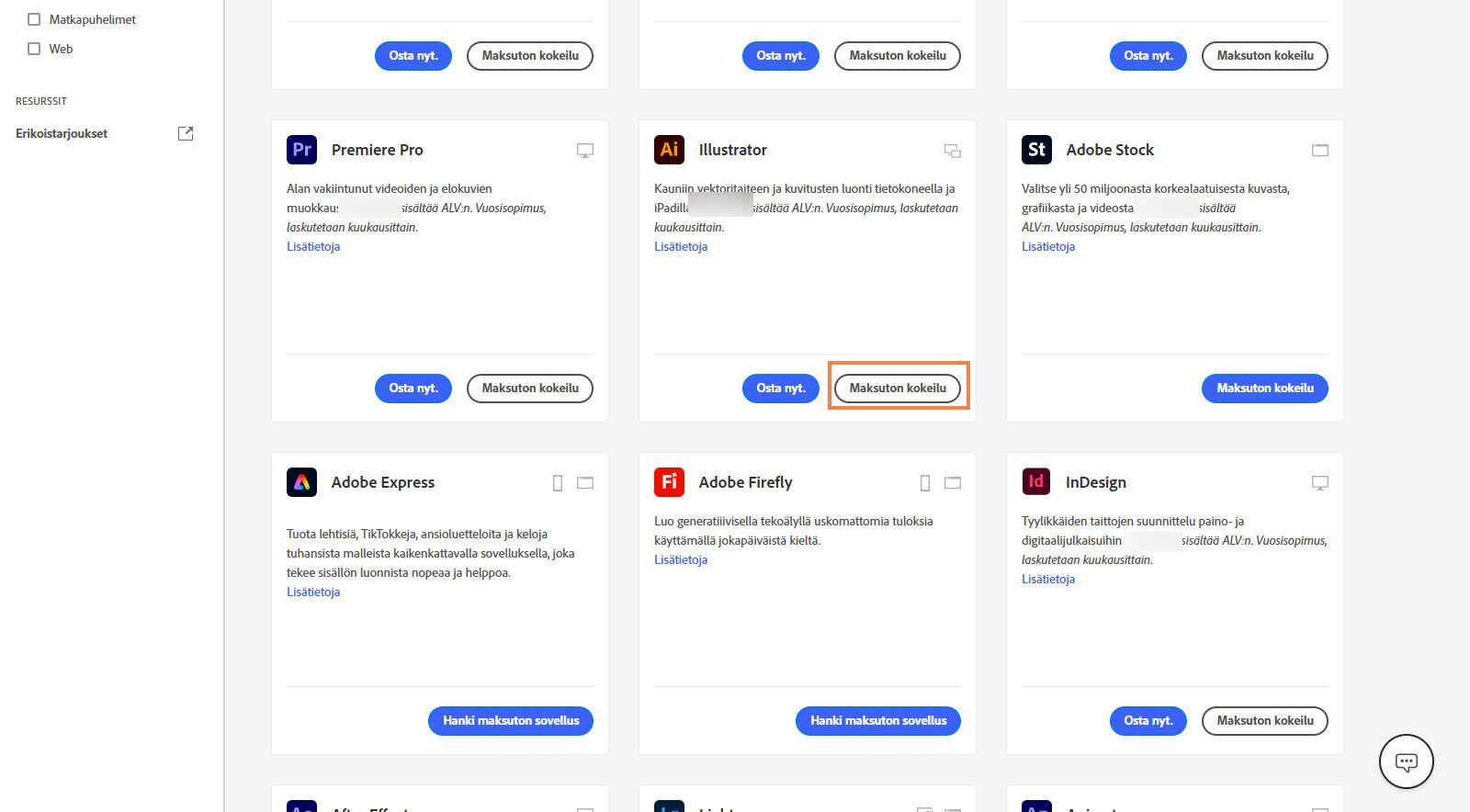 Creative Cloud -sovellusten luettelosivu näyttää saatavilla olevat sovellukset tai tuotteet sekä vaihtoehdot tuotteiden hakemiseen, suodattimien käyttöön ja tuotteiden ostamiseen tai maksuttoman kokeiluversion hankkimiseen. 