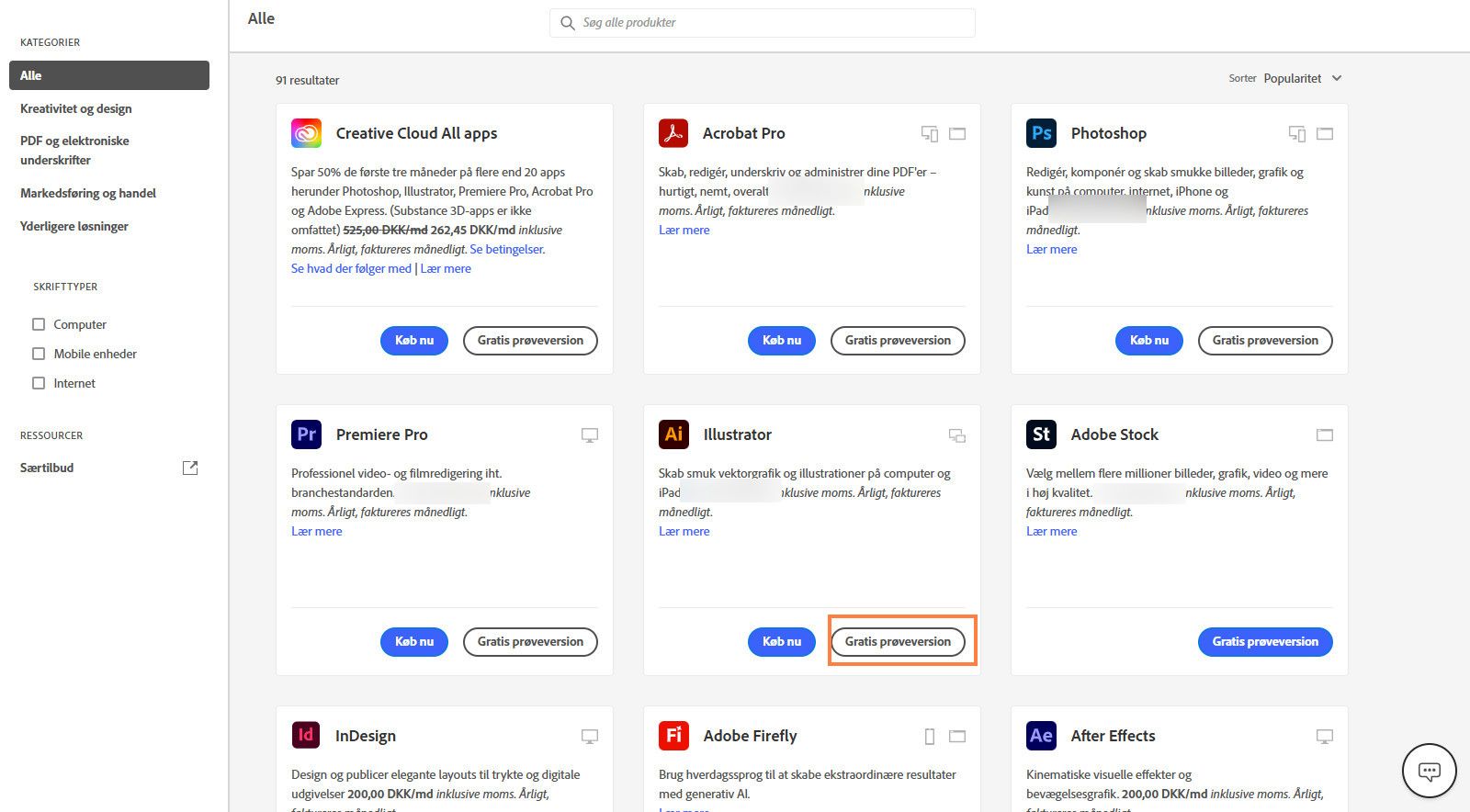 Katalogsiden for Creative Cloud-apps viser de tilgængelige apps eller produkter med muligheder for at søge efter produkter, anvende filtre og købe produkter eller få en gratis prøveversion. 