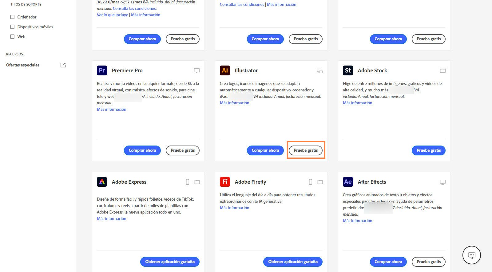 La página del catálogo de aplicaciones de Creative Cloud muestra las aplicaciones o productos disponibles con opciones para buscar productos, aplicar filtros y comprar productos u obtener una versión de prueba gratuita. 