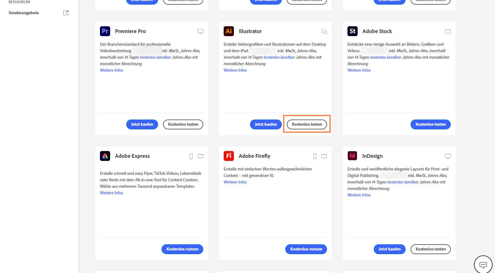 Auf der Katalogseite für Creative Cloud-Anwendungen werden die verfügbaren Anwendungen oder Produkte angezeigt sowie auch Optionen zum Suchen nach Produkten, Anwenden von Filtern, Erwerben von Produkten oder Erhalten einer kostenlosen Testversion. 