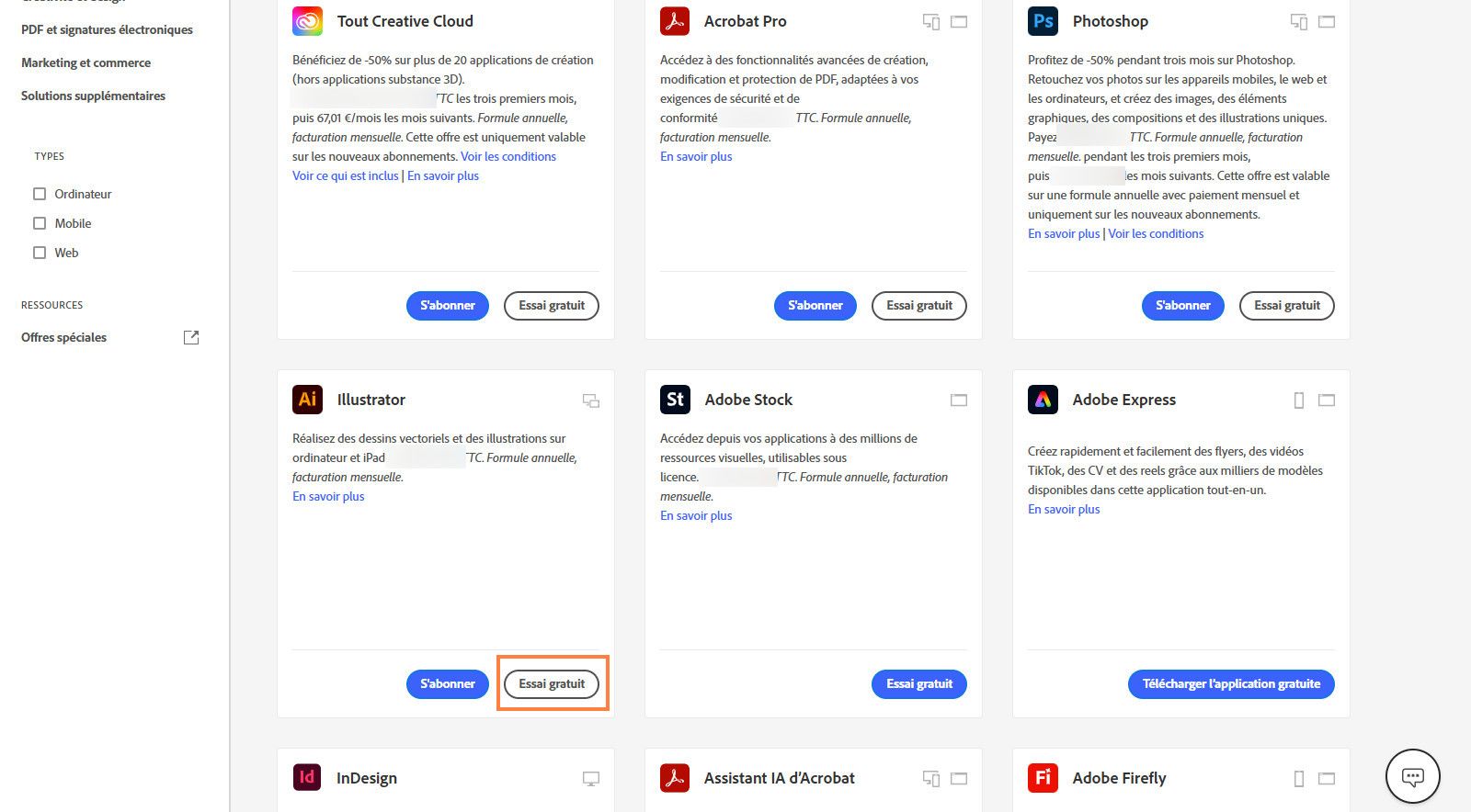 La page du catalogue d’applications Creative Cloud affiche les applications ou produits disponibles avec des options pour rechercher des produits, appliquer des filtres et acheter des produits ou obtenir un essai gratuit. 
