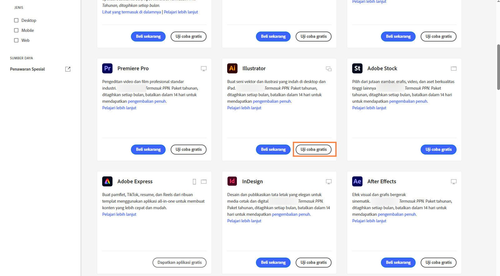 Halaman katalog aplikasi Creative Cloud menampilkan aplikasi atau produk yang tersedia dengan options untuk mencari produk, menerapkan filter, dan membeli produk atau mendapatkan uji coba gratis. 