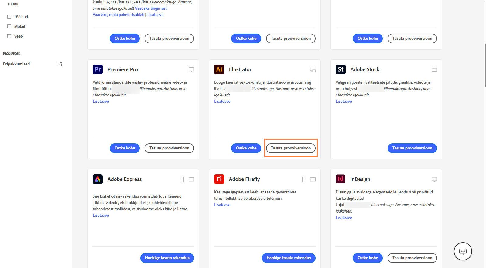 Creative Cloud'i rakenduste kataloogi lehel kuvatakse saadaolevad rakendused või tooted koos võimalustega tooteid otsida, filtreid rakendada ning tooteid osta või tasuta prooviversiooni hankida. 