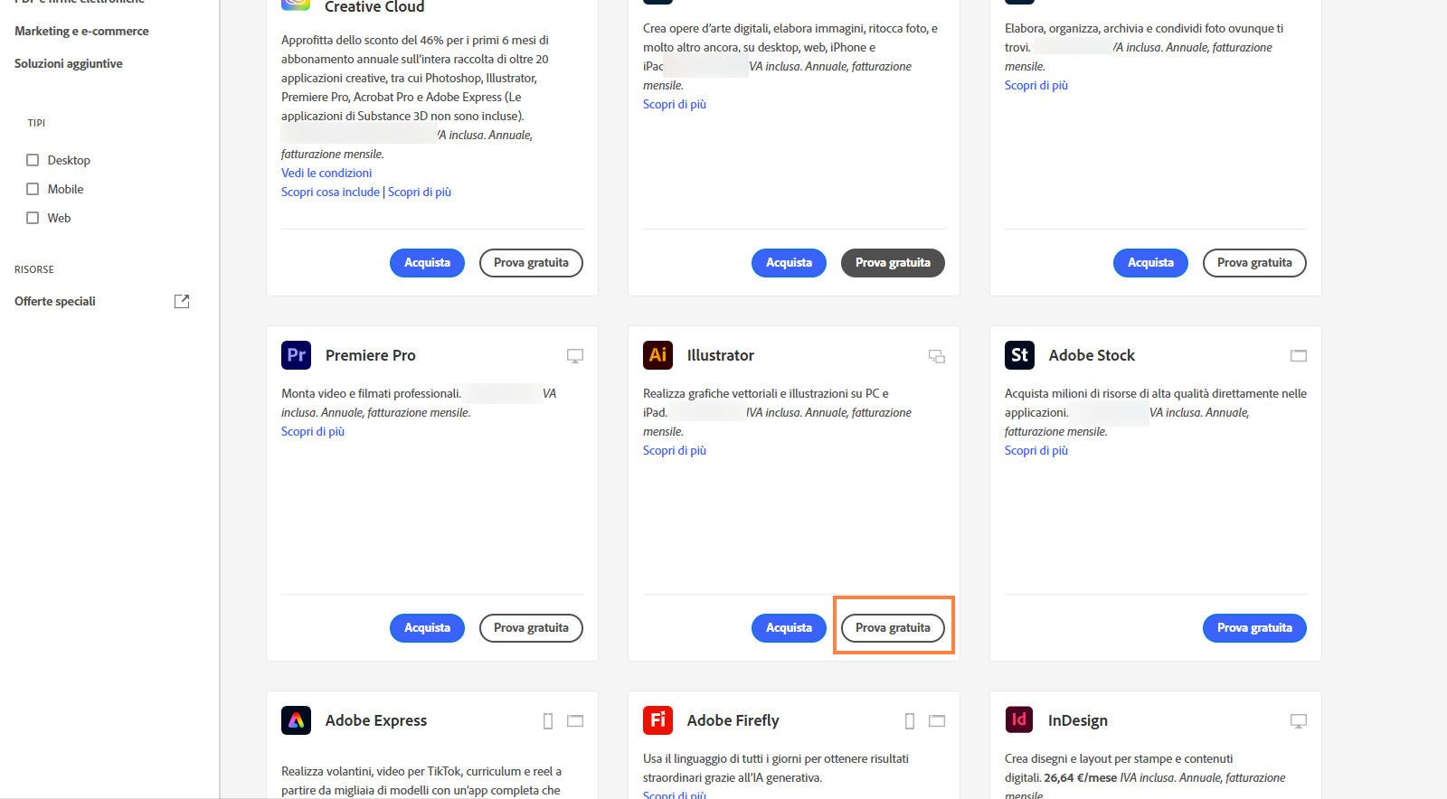 La pagina del catalogo delle applicazioni Creative Cloud mostra le app o i prodotti disponibili con opzioni per cercare prodotti, applicare filtri e acquistare prodotti o ottenere una versione di prova gratuita. 