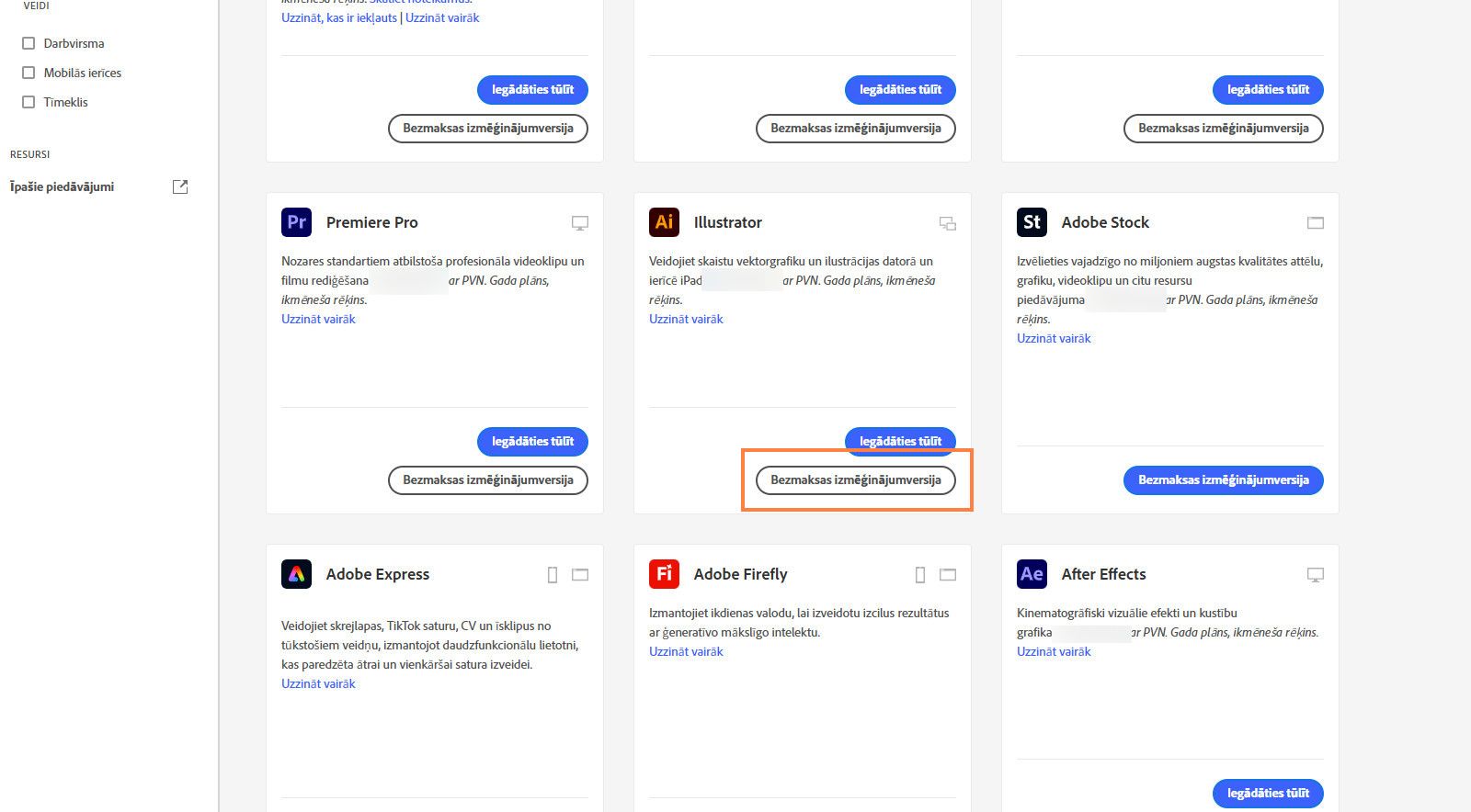 Creative Cloud lietotņu kataloga lapa parāda pieejamās lietotnes vai produktus ar iespējām meklēt, izmantot filtrus un iegādāties produktus vai saņemt bezmaksas izmēģinājumversiju. 