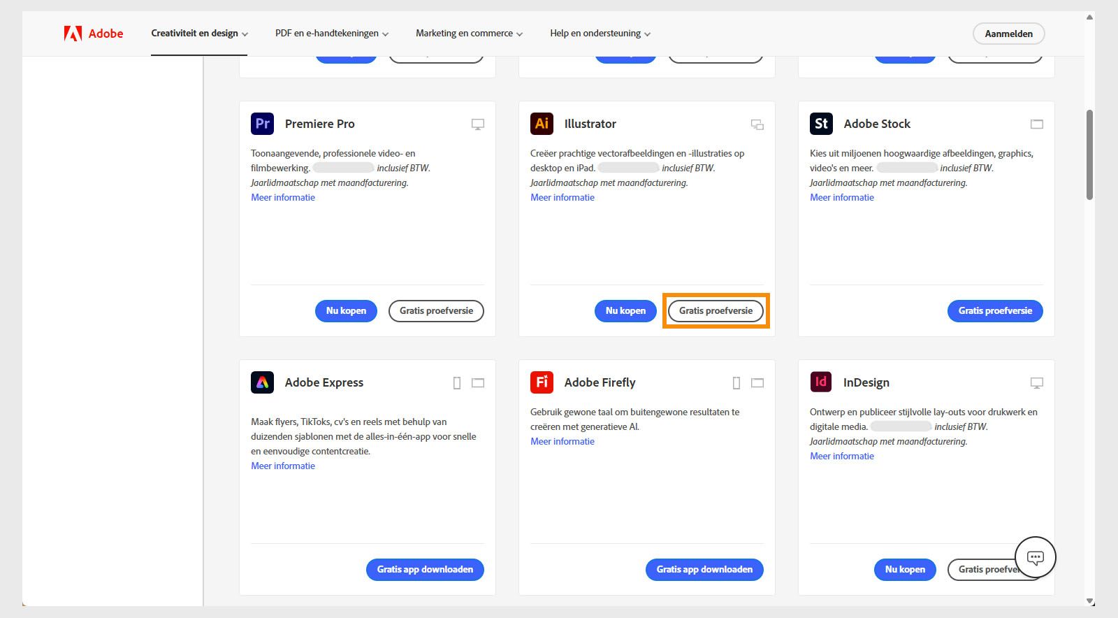 De cataloguspagina van Creative Cloud-apps toont de beschikbare apps of producten met opties om producten te zoeken, filters toe te passen en producten te kopen of een gratis proefversie te downloaden. 