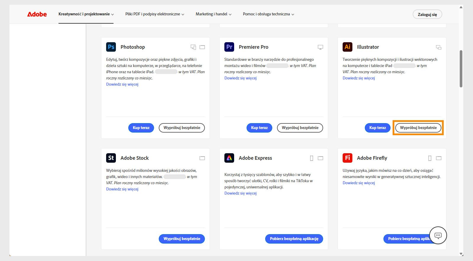 Strona katalogu aplikacji Creative Cloud pokazuje dostępne aplikacje lub produkty z opcjami wyszukiwania produktów, stosowania filtrów oraz zakupu produktów lub uzyskania bezpłatnego okresu próbnego. 