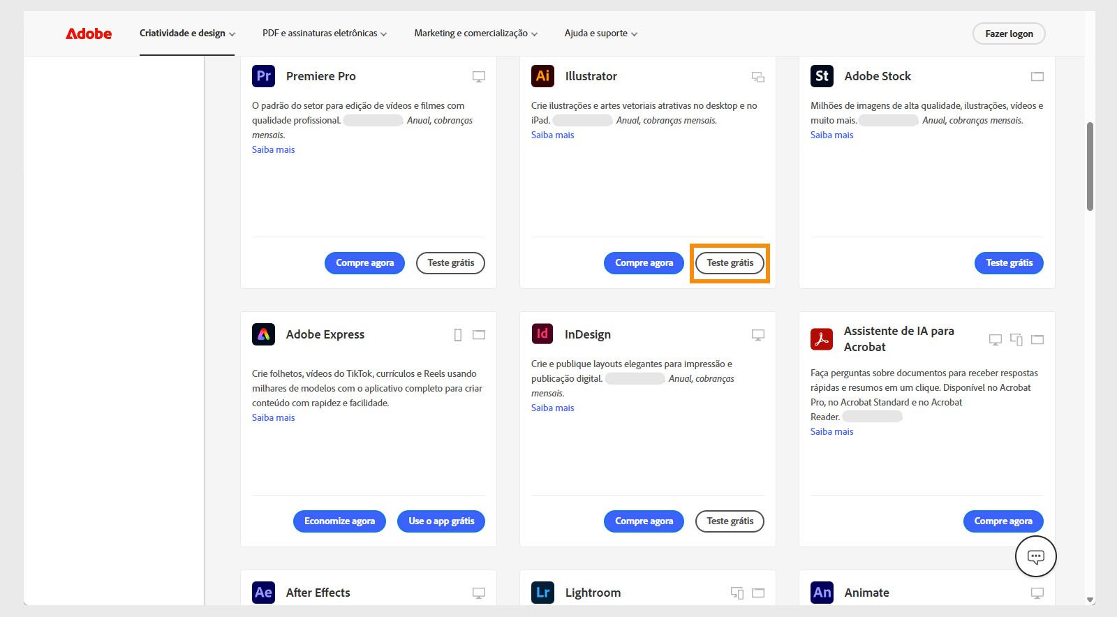 A página do catálogo de aplicativos da Creative Cloud mostra os aplicativos ou produtos disponíveis, com opções de pesquisar produtos, aplicar filtros e comprar produtos ou obter uma avaliação gratuita. 