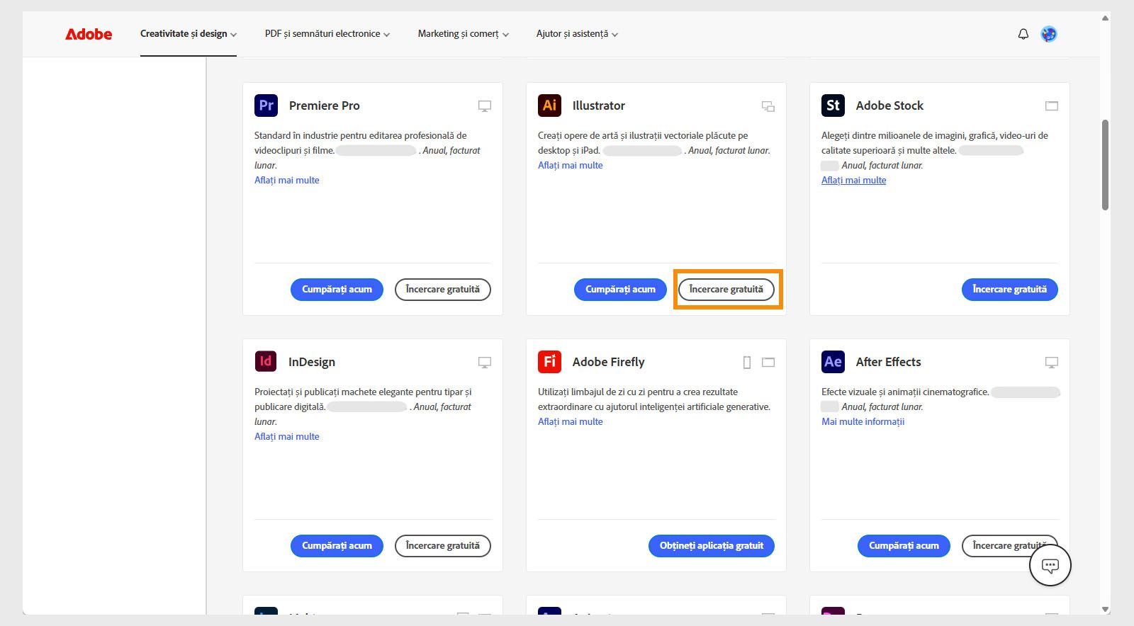 Pagina de catalog a aplicațiilor Creative Cloud afișează aplicațiile sau produsele disponibile cu opțiuni de căutare a produselor, aplicare de filtre și cumpărare de produse sau obținere a unei versiuni de încercare gratuite. 