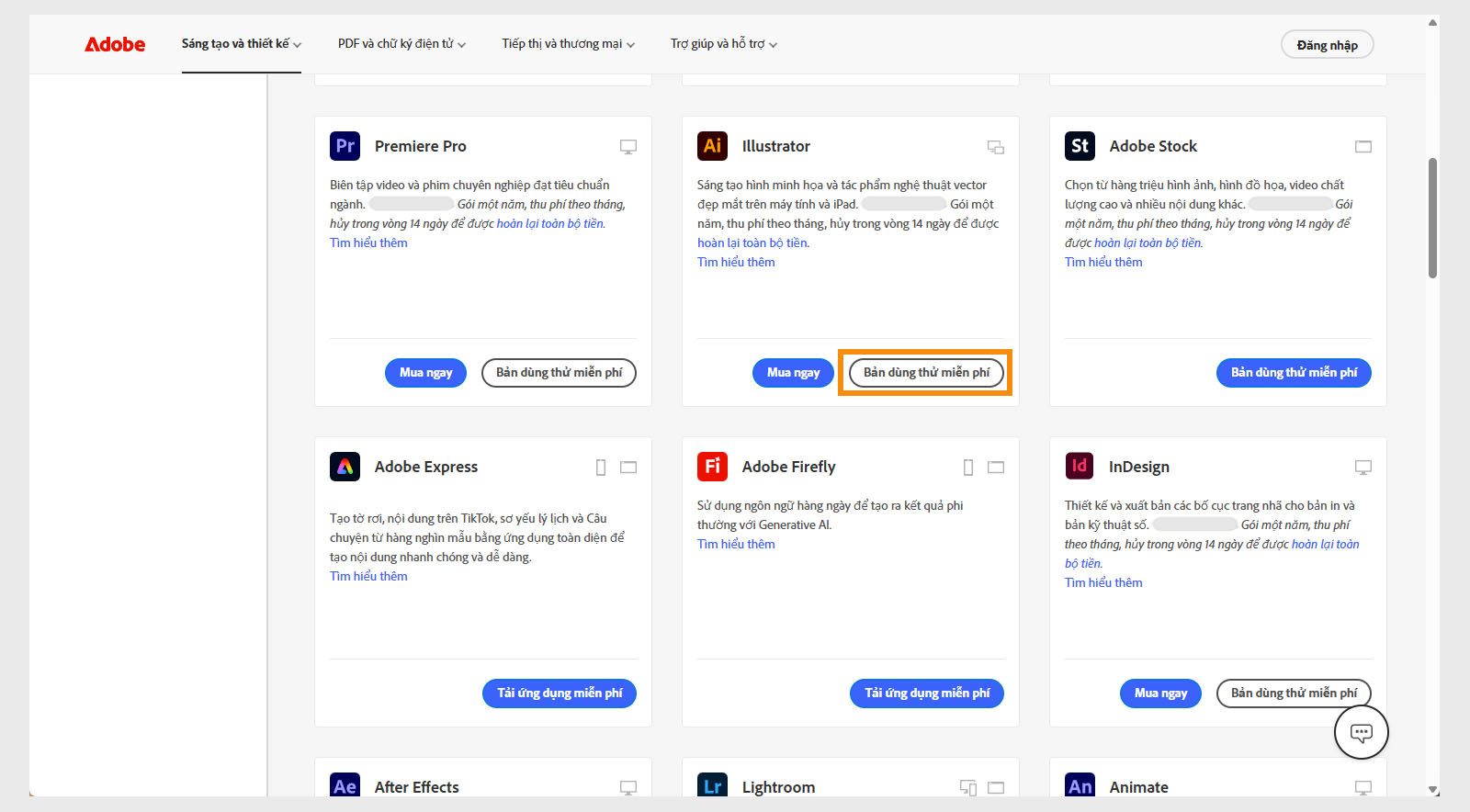 Trang danh mục ứng dụng Creative Cloud hiển thị các ứng dụng hoặc sản phẩm có sẵn với các OPTIONS để tìm kiếm sản phẩm, áp dụng bộ lọc và mua sản phẩm hoặc GET bản dùng thử miễn phí. 