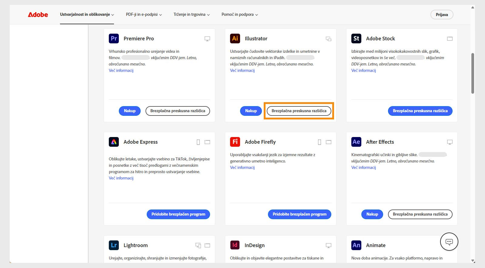 Kataložna stran programov Creative Cloud prikazuje razpoložljive programe ali izdelke z možnostmi iskanja izdelkov, uporabe filtrov ter nakupa izdelkov ali pridobitve brezplačne preskusne različice. 