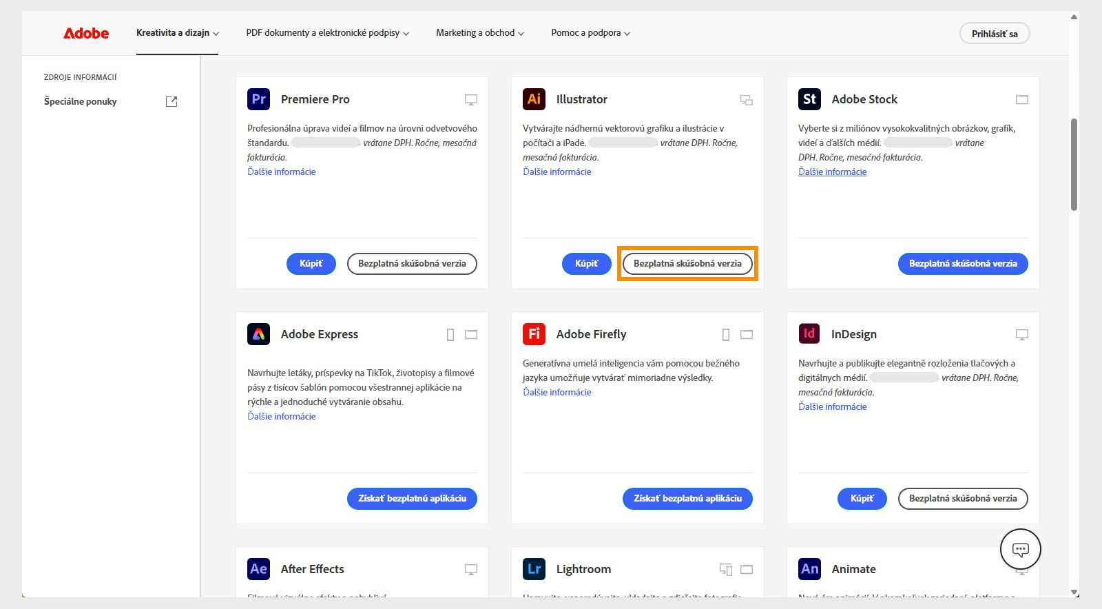 Na stránke katalógu aplikácií Creative Cloud sa zobrazujú dostupné aplikácie alebo produkty s možnosťami vyhľadávania produktov, použitia filtrov a zakúpenia produktov alebo získania bezplatnej skúšobnej verzie. 