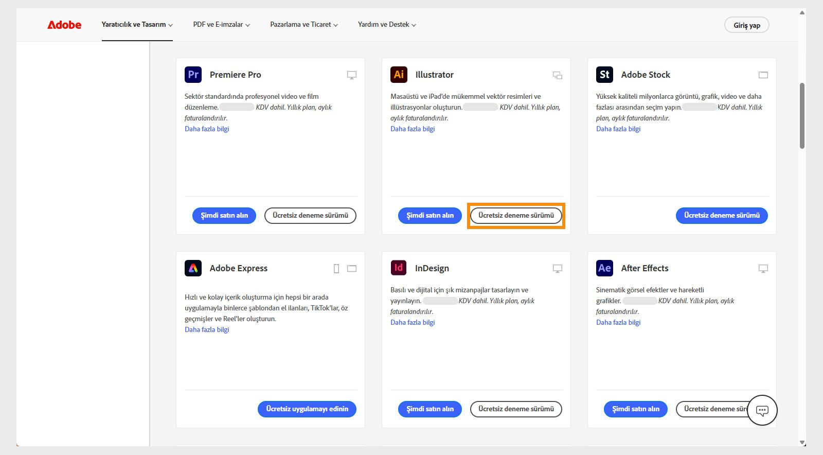 Creative Cloud uygulamaları katalog sayfası, mevcut uygulamaları veya ürünleri gösterir ve ürün arama, filtre uygulama ve ürün satın alma veya ücretsiz deneme sürümü edinme seçenekleri sunar. 