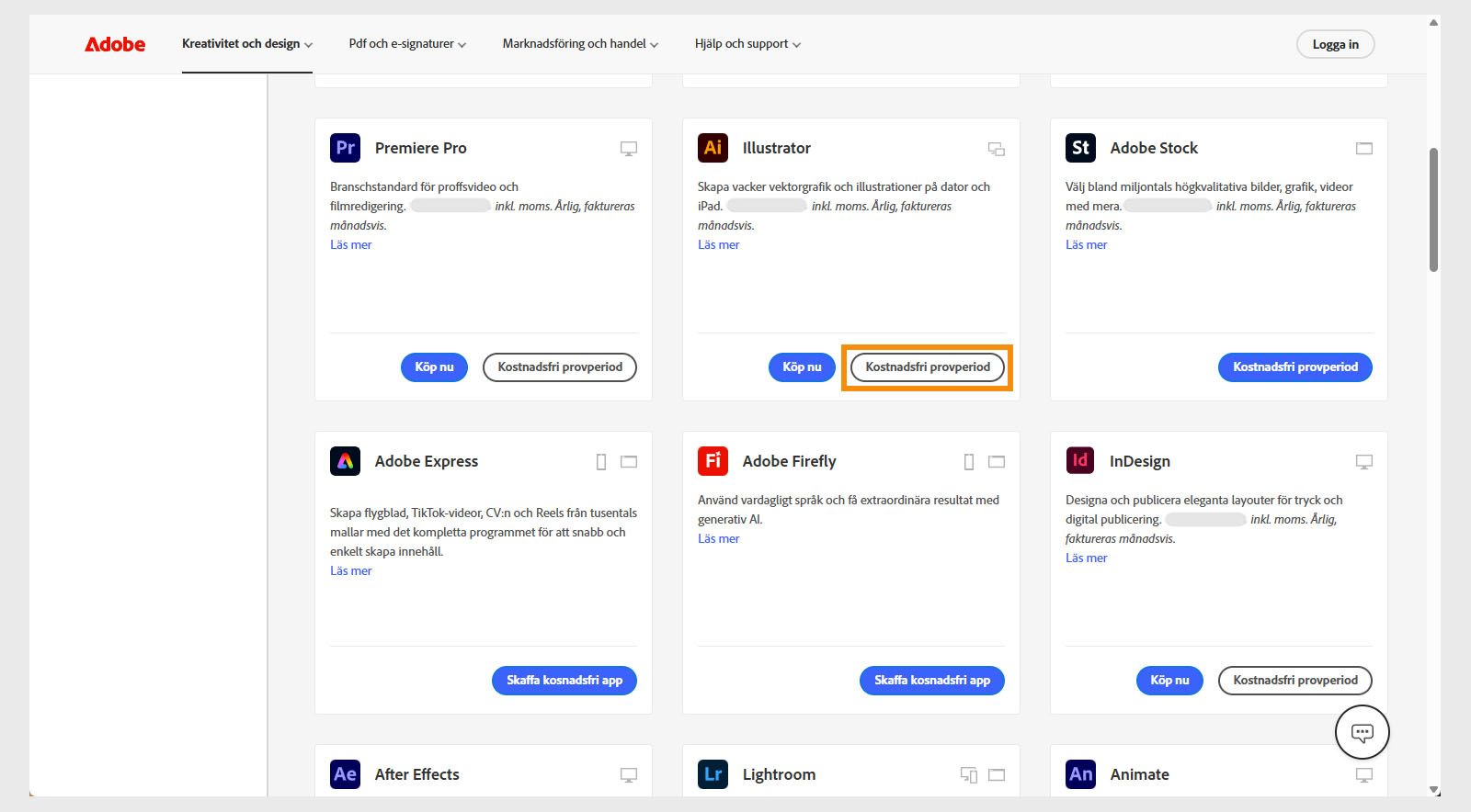 Katalogssidan för Creative Cloud-appar visar tillgängliga appar eller produkter med alternativ för att söka efter produkter, tillämpa filter och köpa produkter eller få en kostnadsfri provperiod. 