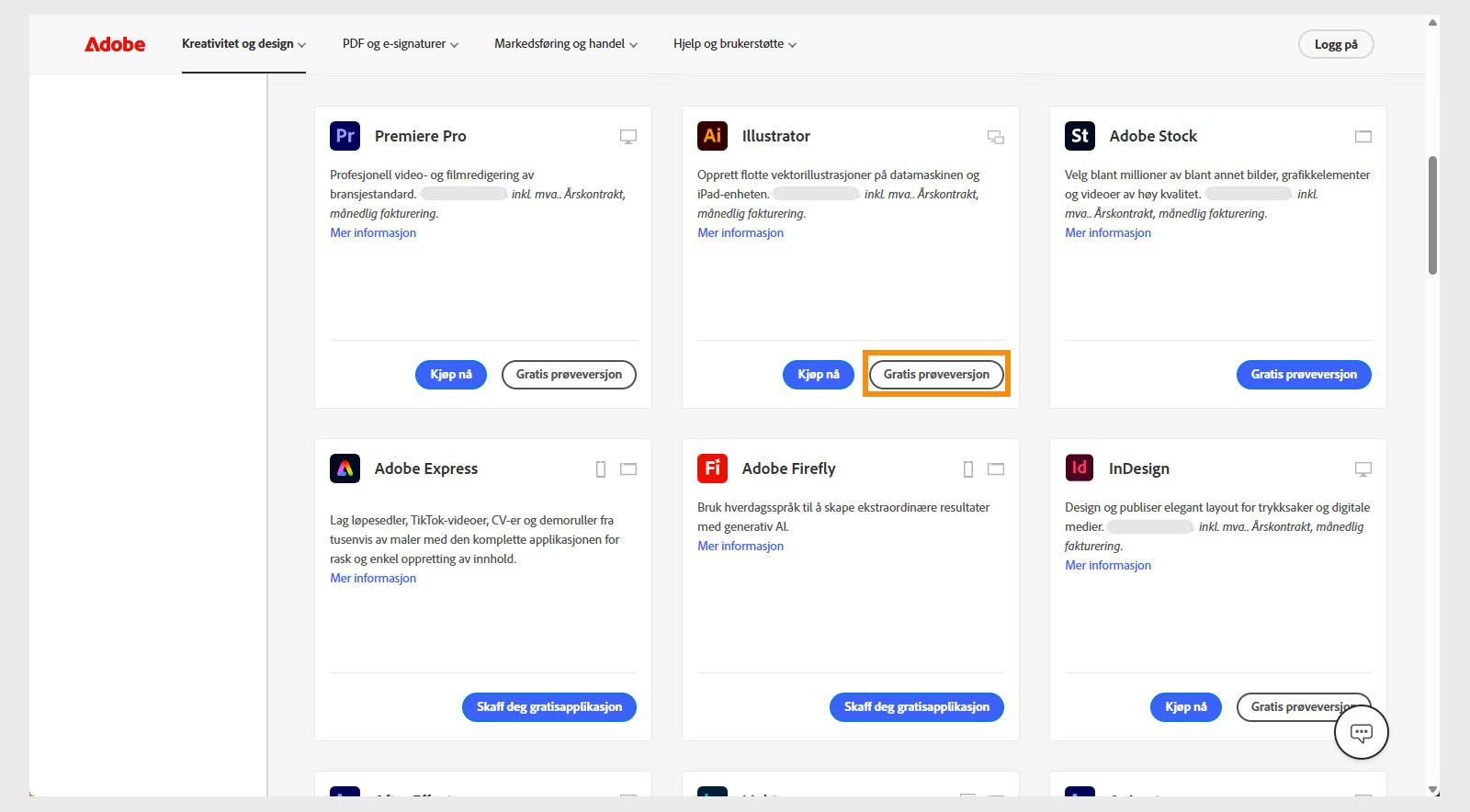 Katalogside for Creative Cloud-apper viser tilgjengelige apper eller produkter med muligheter for å søke etter produkter, bruke filtre og kjøpe produkter eller få en gratis prøveversjon. 