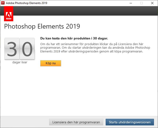 Starta utvärderingsversionen för Photoshop Elements 2019