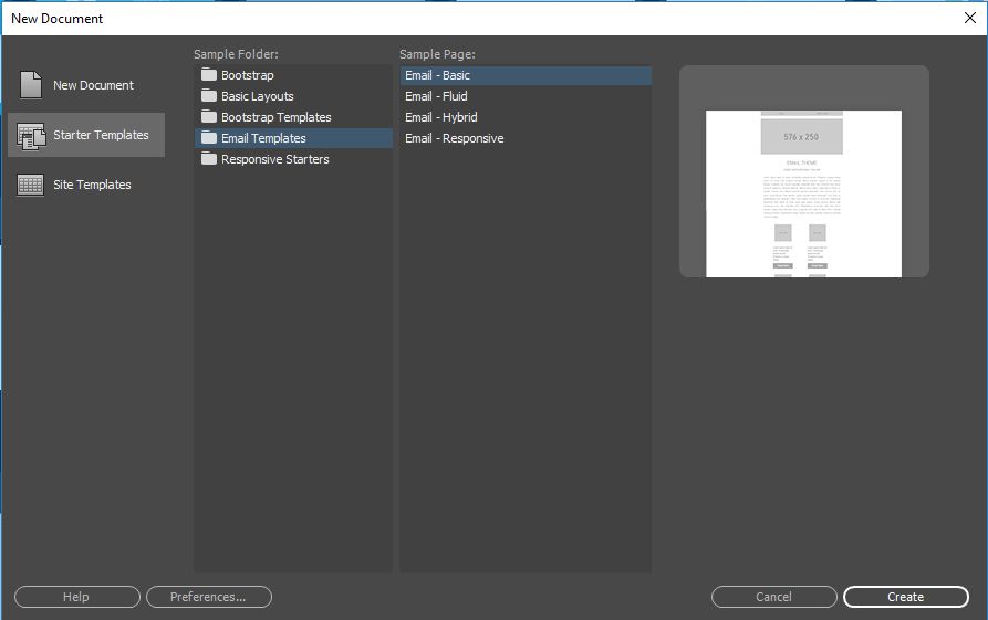 Modelos de email iniciais do Dreamweaver