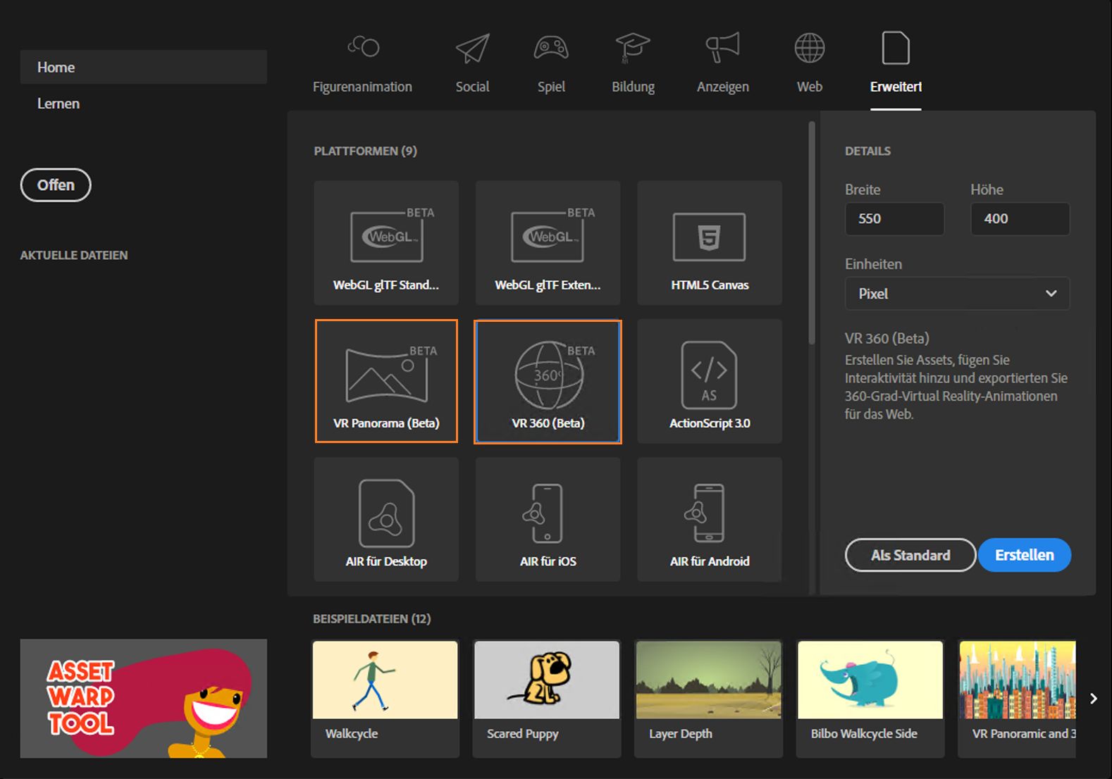 VR 360 und Panorama im Startbildschirm