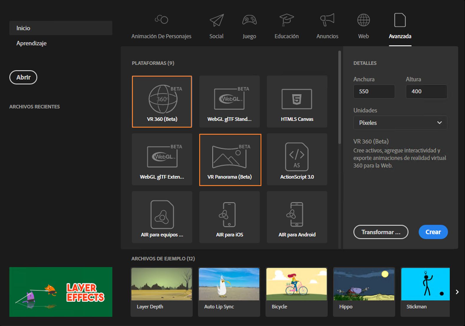 Realidad virtual 360 y panorama en la pantalla de inicio