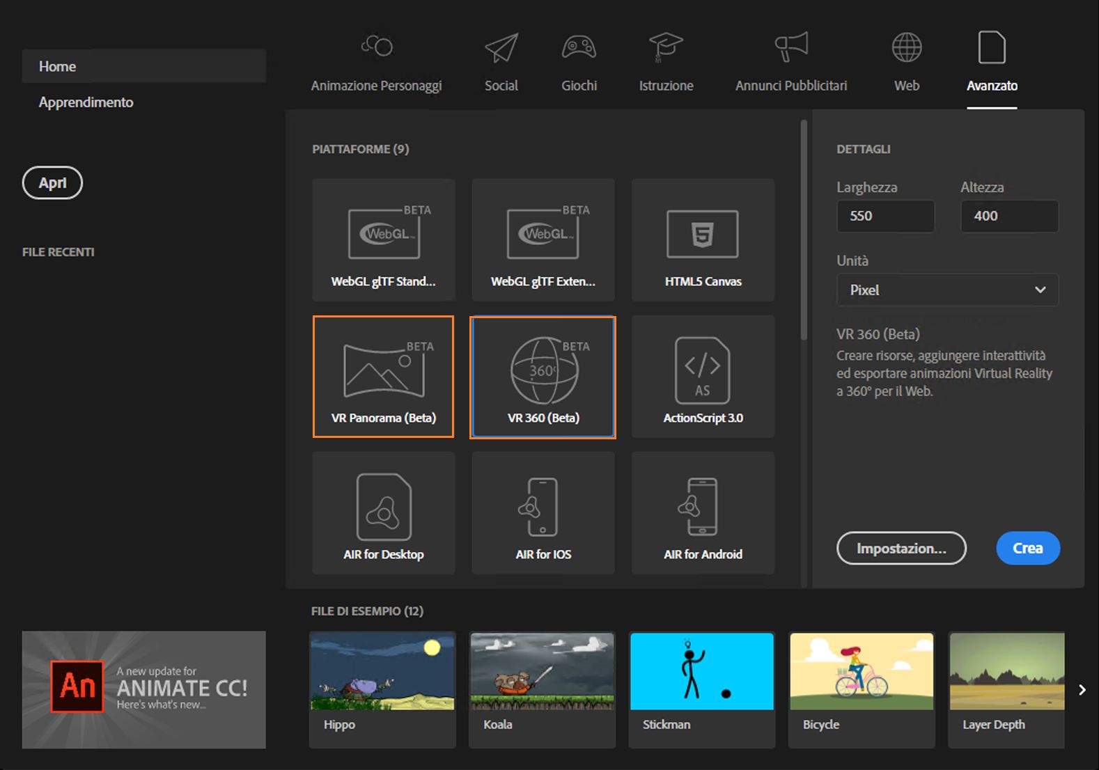 VR 360 e Panorama VR nella schermata di avvio