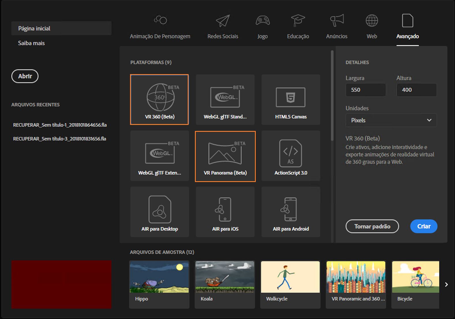 Realidade virtual 360 e panorâmica na tela de inicialização