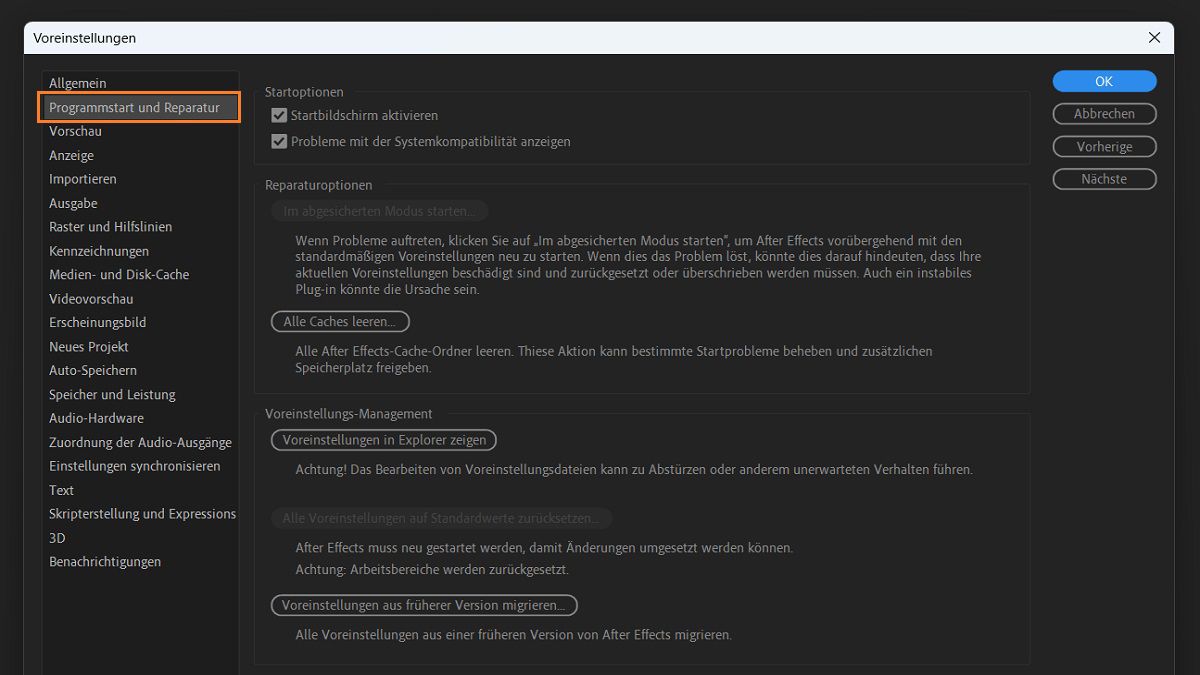 Die Option „Starten und Reparieren“ im Dialogfeld „Voreinstellungen“.