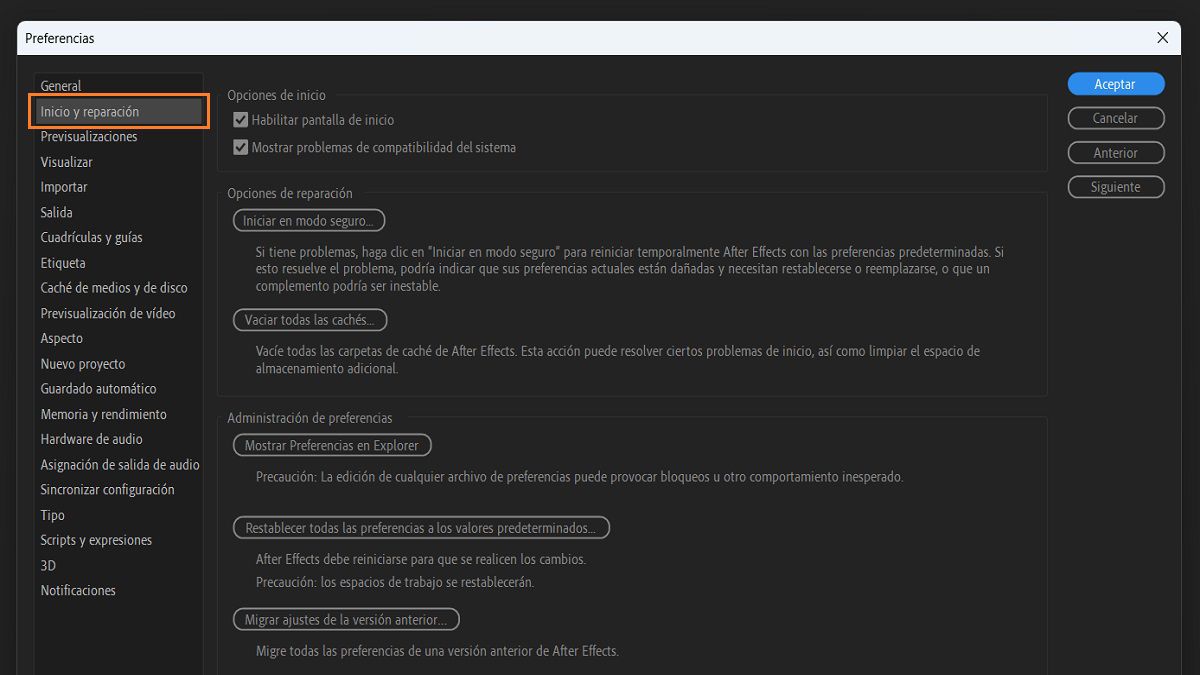 Opción Inicio y reparación en el cuadro de diálogo Preferencias.