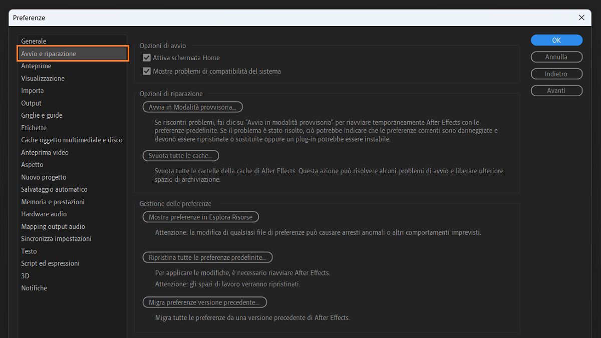 Opzione di avvio e riparazione nella finestra di dialogo Preferenze.