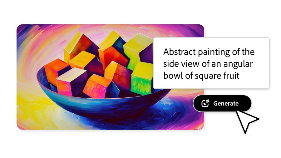 Abstract painting of an bowl of square fruit generated via chat box in Adobe Express