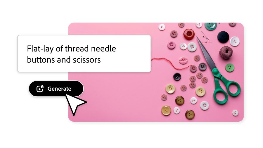 Flat-lay of thread, needle, buttons, and scissors generated via chat box in Adobe Express