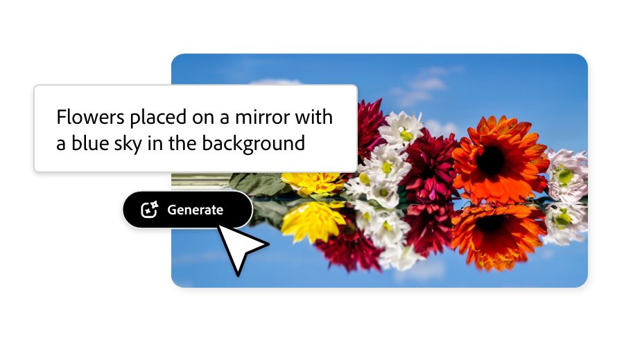 Flowers placed on a mirror with a blue sky in the background generated via chat box in Adobe Express
