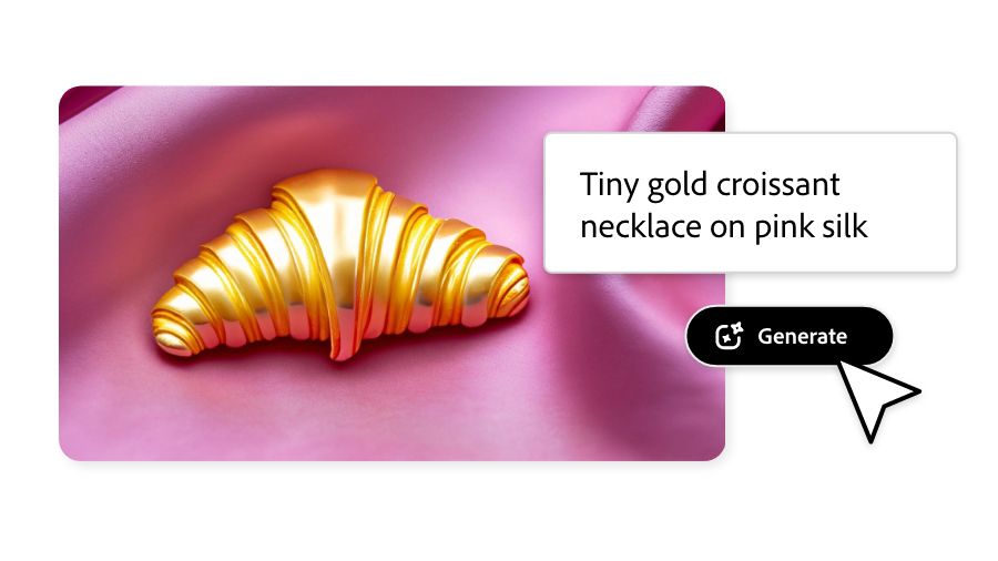 Tiny gold croissant necklace on pink silk generated via chat box in Adobe Express