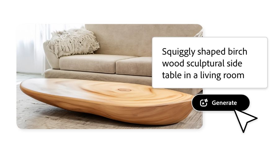 Squiggly shaped birch wood sculptural side table in a living room generated via chat box in Adobe Express