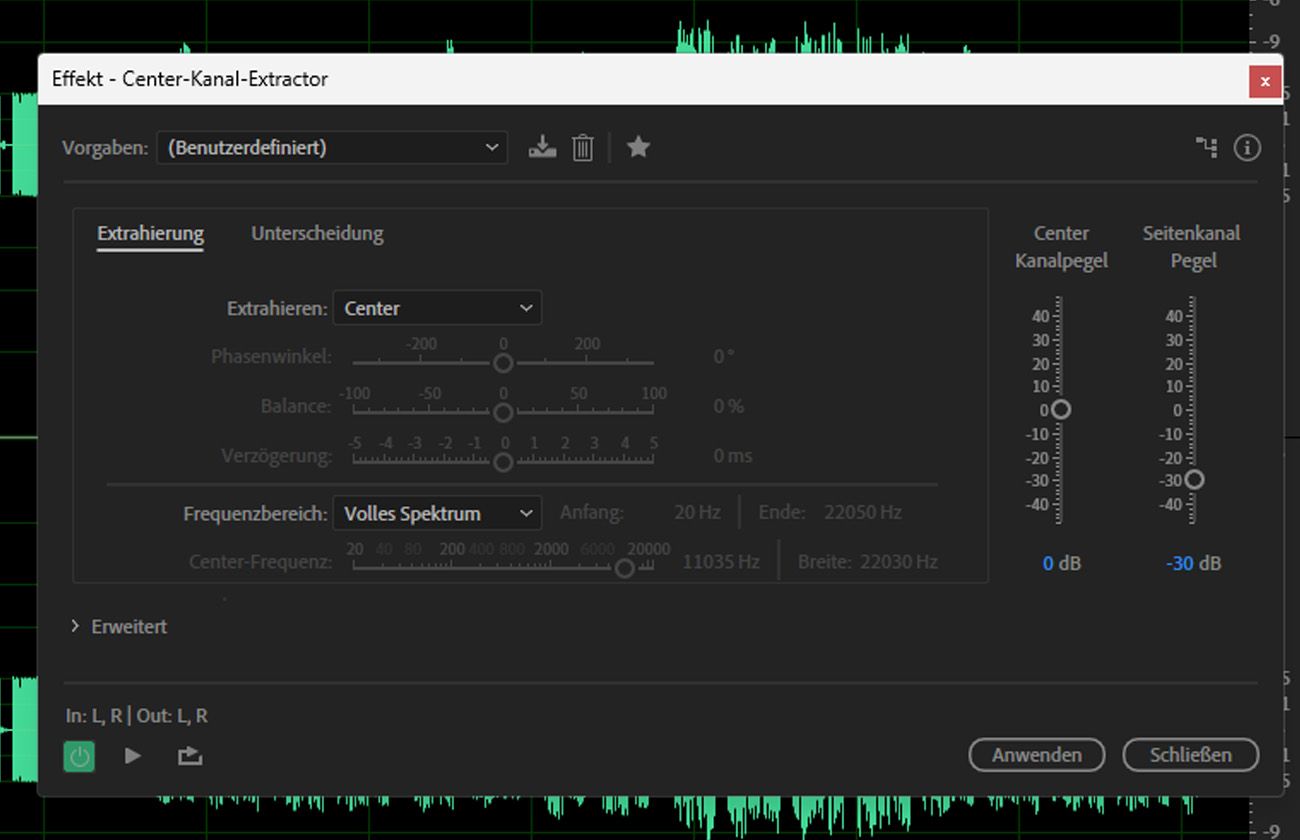 Das Dialogfeld für den Center Channel Extractor-Effekt ist geöffnet, und es gibt Extraction und Discrimination, um die Einstellungen zu verwenden und anzupassen.