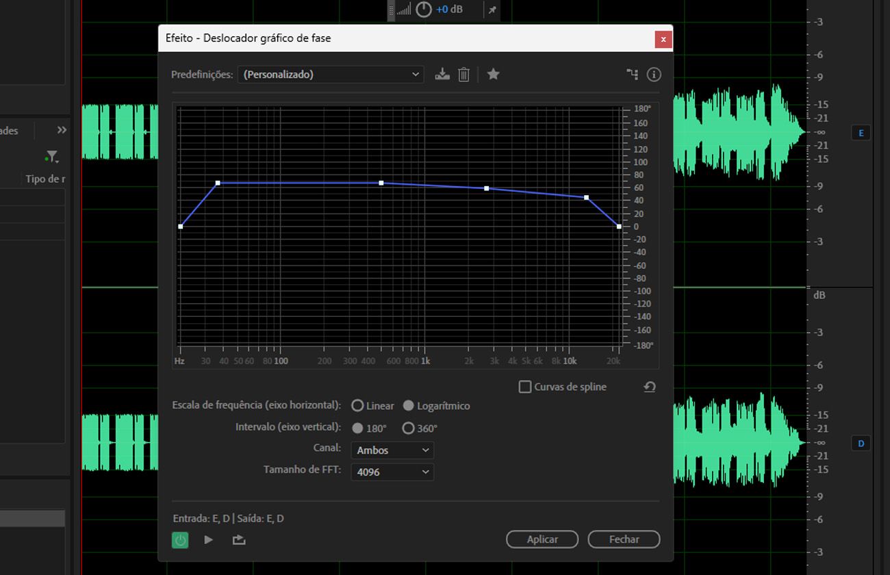 A caixa de diálogo do efeito “Deslocador de fase gráfico” está aberta, com opções de ajuste, como canal e tamanho de FFT.