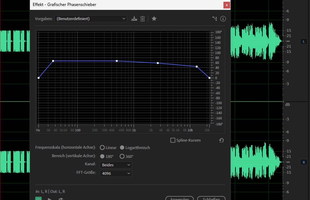 Das Dialogfeld für den Graphic Phase Shifter-Effekt ist geöffnet und es gibt options zum Anpassen wie Kanal und FFT Size.