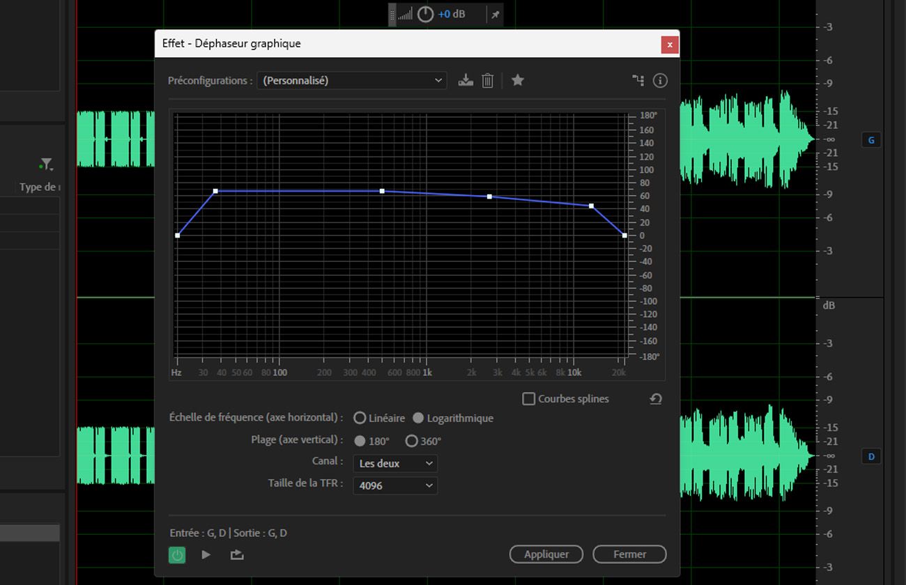 La boîte de dialogue de l'effet Déphaseur graphique est ouverte et il y a des options à ajuster telles que Canal et Taille de la TFR.