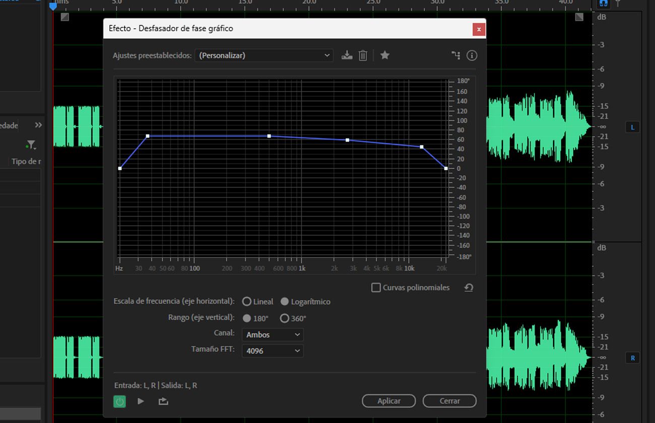 El cuadro de diálogo del efecto Desplazador de fase gráfico está abierto y hay options para ajustar como Canal y Tamaño FFT.