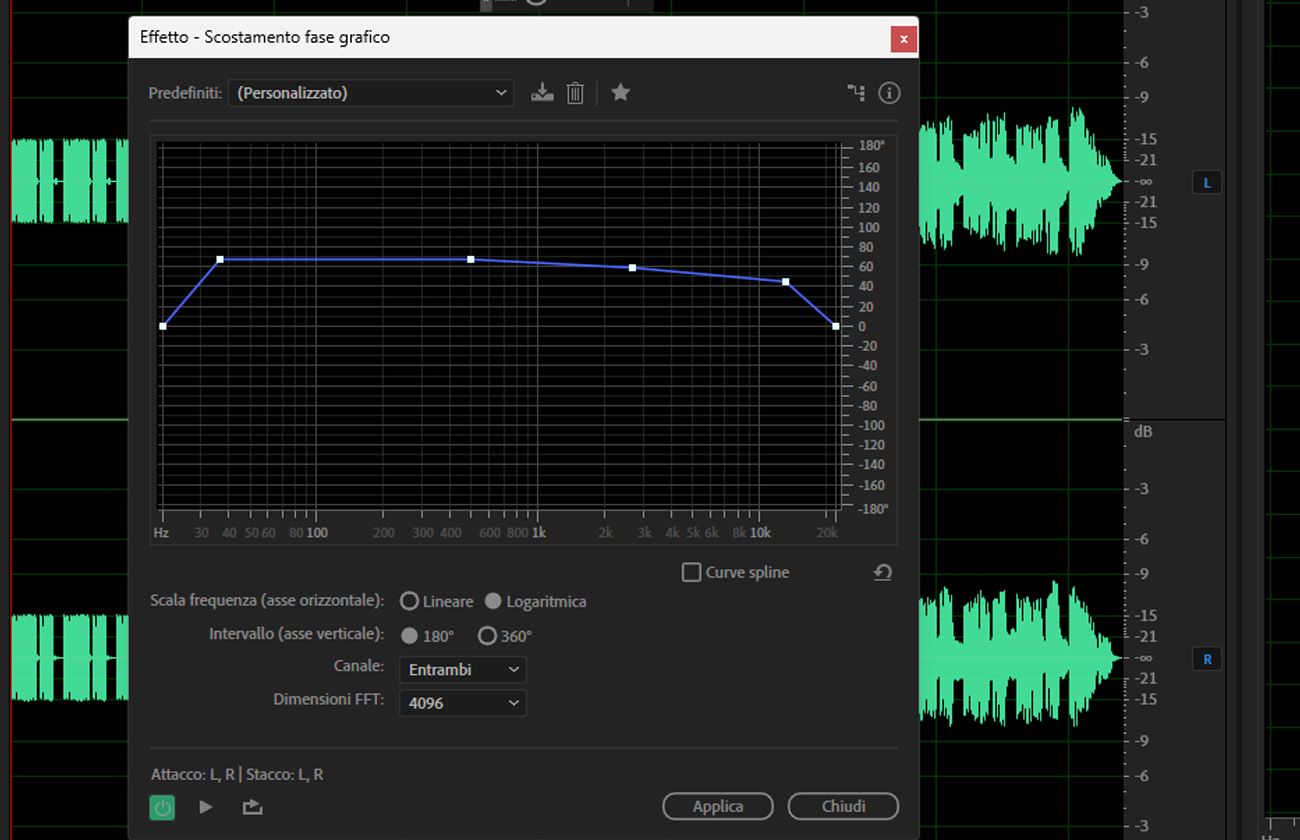 La finestra di dialogo dell'effetto Graphic Phase Shifter è aperta e sono presenti options per regolare elementi come Canale e FFT Size.
