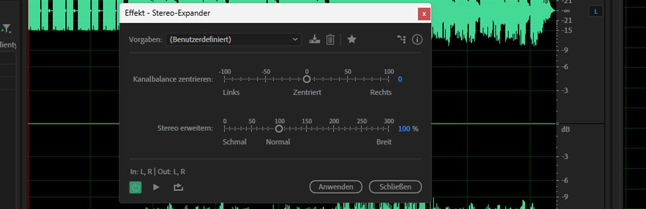 Das Dialogfeld für den Stereo Expander-Effekt ist geöffnet und es gibt options zum Anpassen von Center Channel Pan und Stereo anzeigen.