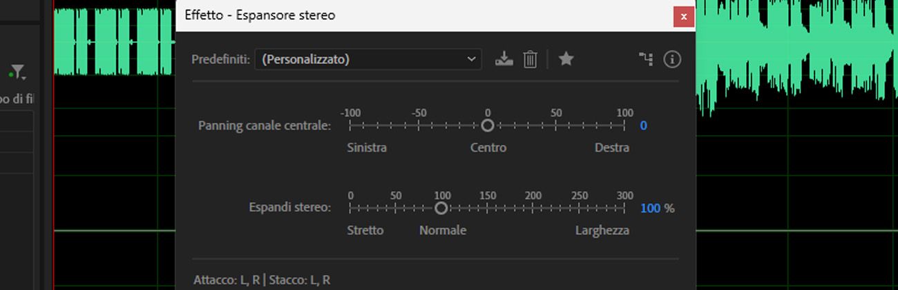 La finestra di dialogo dell'effetto Stereo Expander è aperta e sono presenti options per regolare Center Channel Pan e Stereo Expand.