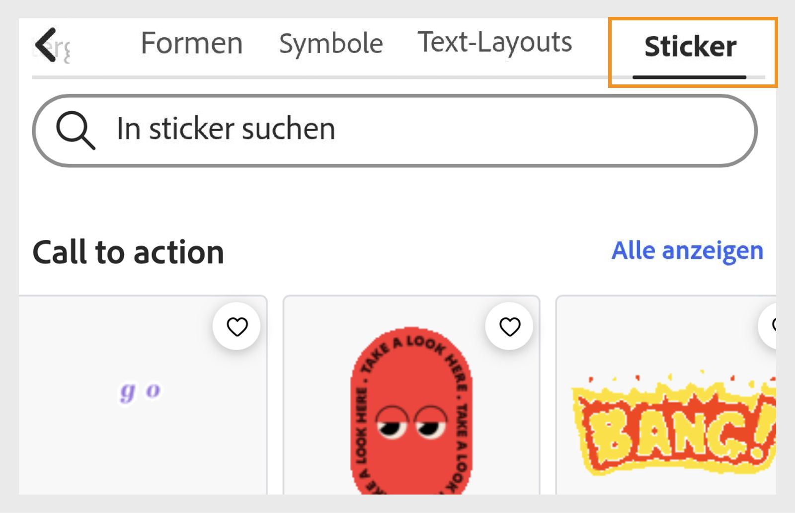 Das Bild zeigt das Elements-Bedienfeld mit dem Stickers-Abschnitt in der oberen rechten Ecke und mehrere Sticker-Abschnitte wie Pfeile und Markierungen, Call to Action, Formen, Creativity und mehr.